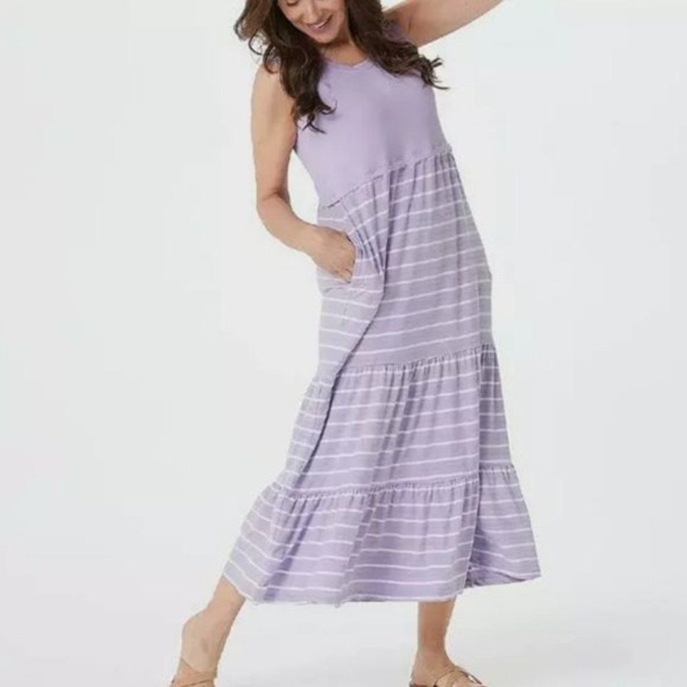 Cuddl Duds Flexwear Scoop-Neck Tiered Maxi Dress lilac Purple Stripe